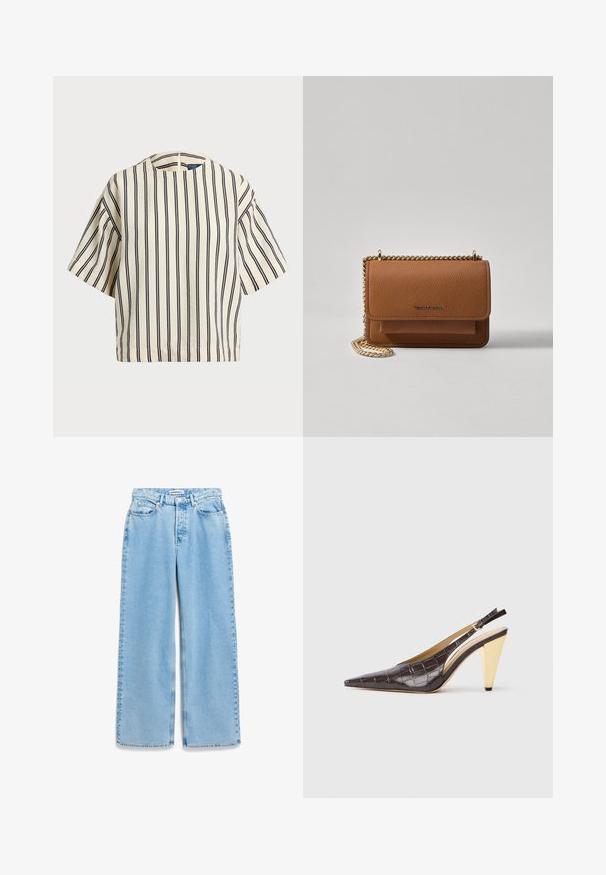 Top de manga corta a rayas en crema y azul marino, con cuello redondo y un diseño cuadrado, confeccionado en una tela texturizada.; Jeans de mezclilla de tiro alto y pierna ancha en azul claro, con un diseño clásico de cinco bolsillos y cierre de botón en la parte delantera.; Zapatos de tacón tipo slingback de punta afilada en imitación de cocodrilo brillante de color marrón oscuro. Presenta un tacón geométrico en tono dorado y una correa ajustable en el tobillo.; Bolso crossbody de cuero texturizado marrón con correa de cadena dorada y cierre de solapa. La parte frontal presenta un detalle de logo y un bolsillo debajo de la solapa.