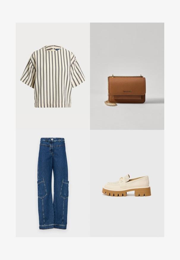 T-skjorte med korte ermer, stripet i kremfarge og marineblå, med rund hals og en boxy design i en strukturert stoff.; Blå denim cargo-bukser med høy midje, bred ben, to store sidelommer og tradisjonelle nagler og sømdetaljer.; Beige loafers med en teksturert kremfarget stropp, med en kraftig brun såle med tannlignende mønstre. Gullfarge på spenne-detaljen.; Brun teksturert lær crossover-veske med gullkjede-stropp og klaffelukking. Fronten har logo-detalj og en lomme under klaffen.