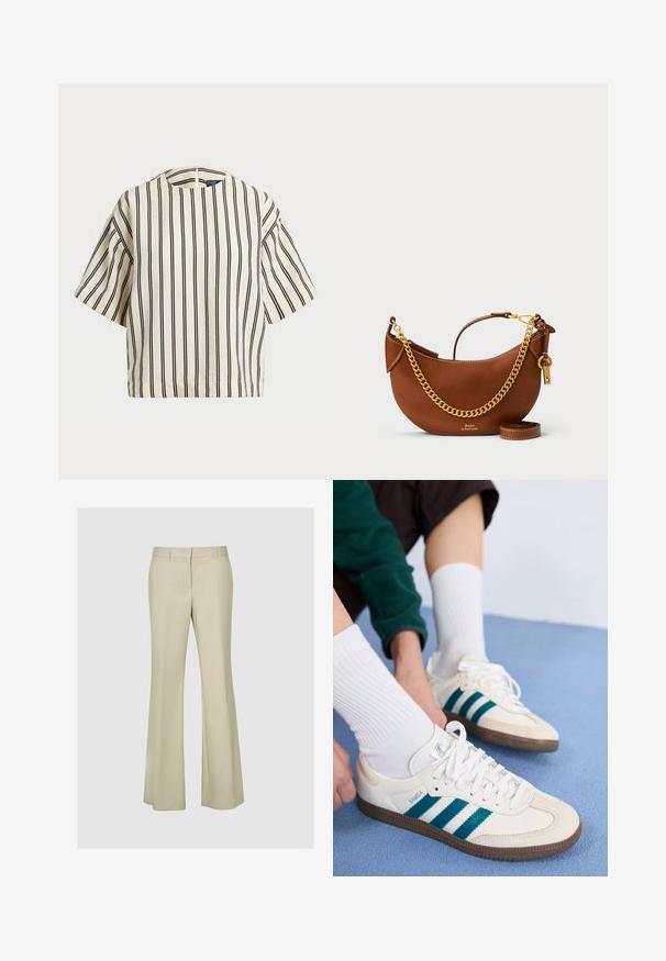 Kortärmad randig topp i krämfärgad och marinblå, med rund halsringning och fyrkantig design i en texturerad tyg.; Beiga utsvängda byxor i ett mjukt tyg, med en midjan som sitter mitt emellan, sömdetaljer och utan synlig hårdvara eller mönster.; Vita atletiska skor med teal-ränder, texturerad ovandel och bruna gummisålar. Kombinerat med vita ribbade strumpor.; Brun läderhandväska med en böjd design, guldkedjesnor, innerväska och ett avtagbart axelband. Har kontrasterande sömmar.