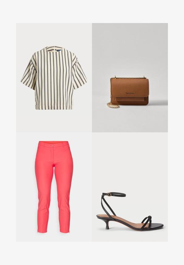 Lyhythihainen, raidallinen paita kirkas- ja tummansinisen sävyissä, jossa on pyöreä pääntie ja laatikkomainen muotoilu tekstuuritetussa kankaassa.; Kirkas koralli vaaleanpunaiset housut, joissa on muotoiltu rakenne, etuvetoketju, vyölenkit ja nilkkavetoketjut säädettävää pituutta varten. Silkkinen pinta.; Polo Ralph Lauren LEATHER KITTEN-HEEL SANDAL - Avokkaat - black; Ruskean teksturoidun nahkasta valmistettu crossbody-laukku, jossa on kultaketjuhihna ja läppäkiinnitys. Edessä on logodetail ja tasku läppäisen alla.