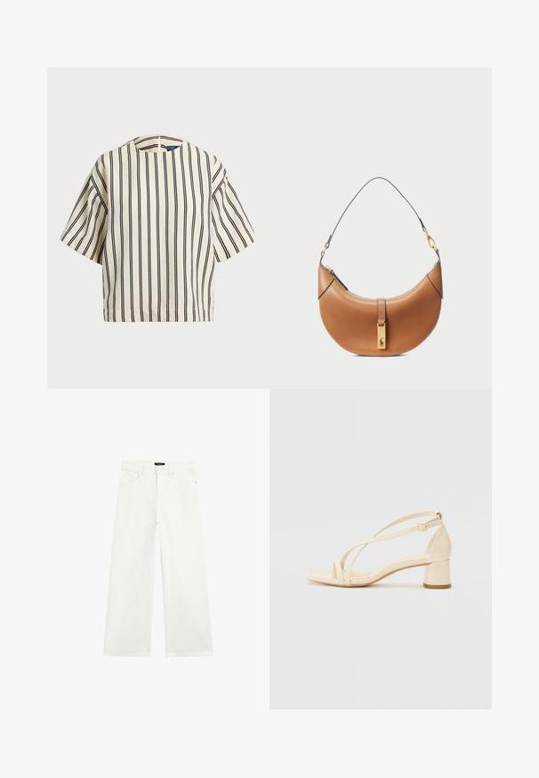 Kurzärmliges, gestreiftes Oberteil in Creme und Marineblau, mit rundem Halsausschnitt und kastiger Form aus strukturiertem Stoff.; Weiße, weit geschnittene Jeans aus Denim. Verfügt über ein Fünf-Taschen-Design und einen Reißverschluss mit Knopfverschluss. Glatte Textur und klare Linien.; Beige Sandalen mit Absatz, Blockabsatz, Riemchen-Design und verstellbarem Knöchelriemen, aus glattem synthetischem Material mit matter Oberfläche.; Taschenhandtasche aus tanfarbenem Leder mit geschwungener Form, goldenen Beschlägen und einem dünnen Schulterriemen. Verfügt über einen Reißverschlussverschluss und ein Logodetail auf der Vorderseite.
