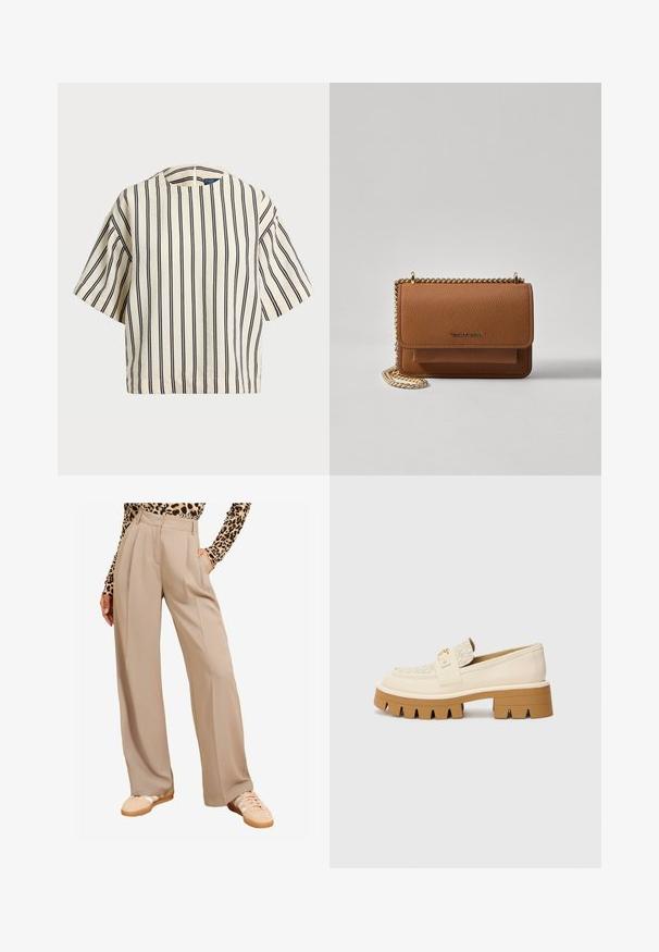 Rövid ujjú, csíkos felső krém és tengerészkék színben, kerek nyakkivágással és dobozos fazonnal, texturált anyagból.; Beige széles lábú nadrág, pliszírozott elülső rész, magas derék, oldalsó zsebek, világos színű tornacipőkkel párosítva. Az anyag simának és strukturáltnak tűnik.; Bézs loaferek texturált krémszínű pánttal, masszív barna talppal, amelyen fogszerű minták találhatók. Arany részlet az övcsat kiemelésén.; Barna textúrájú bőr keresztbody táska arany lánc pánttal és fedélzárral. Az elején logó részlet és egy zseb található a fedél alatt.