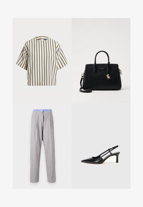 Korte mouwen, gestreepte top in crème en marineblauw, met een ronde halslijn en een boxy ontwerp van een textuurstof.; Lichtgrijze linnenbroek met plooien, blauwe gebloemde tailleband, taps toelopende pijpen en knoopsluiting. Gladde textuur, lichtgewicht stof.; Zwart patent slingback hak met een spitse neus, voorzien van een gestructureerde slangenprint, verstelbare band en een korte, gestructureerde blokhak.; Zwarte leren handtas met gestructureerd ontwerp, dubbele handvatten aan de bovenkant, afneembare schouderband, gouden hardware en een logo charm accent.