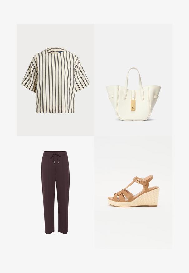 Short-sleeve, striped top in cream and navy, featuring a round neckline and boxy design with a textured fabric.; Dark brown sweatpants with a drawstring waist, side pockets, and a relaxed fit. Soft fabric with a smooth texture and straight leg design.; Tan wedge sandals featuring a cross-strap design, adjustable ankle buckle, and a textured woven espadrille-style wedge.; White leather tote bag with a structured shape, prominent stitching, gold hardware tag, and dual handles. Textured surface with side pockets.