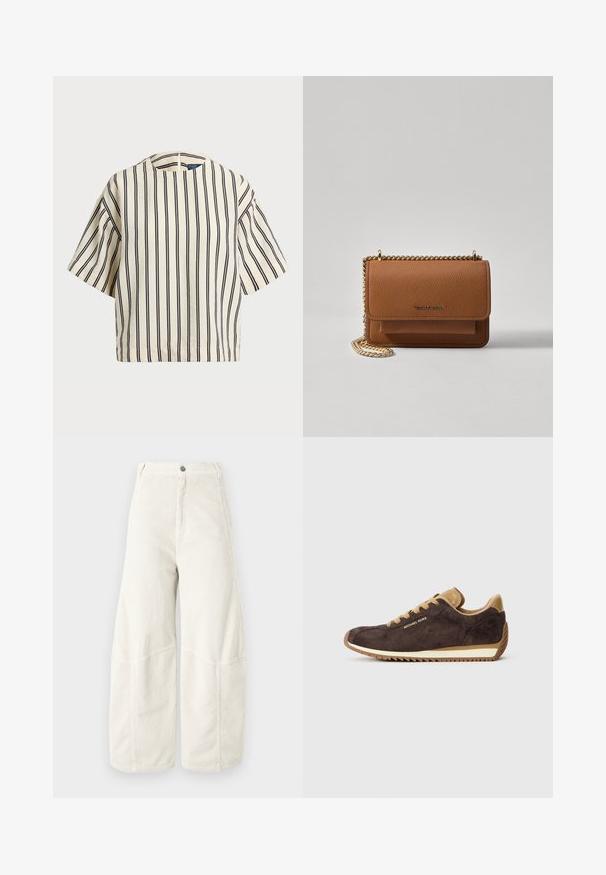 Kreklus, svītrainā blūze ar īsām piedurknēm, krēmkrāsā un tumši zilā tonī, ar apaļu apkakli un kvadrātveida dizainu, izgatavota no teksturētas auduma.; Platas kājas korduroja bikses gaiši bēšā krāsā ar ribotu tekstūru, klasisku pogu aizdari un vienkāršiem sānu kabatām.; Brūni zamšādas sporta apavi ar brūnu ādas akcentiem, aprīkoti ar apaļām šņorēm, bēša gumijas zoli un "Michael Kors" logo uz ārējās malās.; Brūna teksturēta ādas plecu soma ar zelta ķēdes siksnu un atloka aizdari. Priekšpusē ir logotipa detaļa un kabata zem atloka.