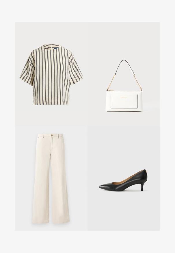Kratek rokav, prugast top v kremni in mornarsko modri barvi, z okroglim izrezom in kvadratnim dizajnom ter teksturirano tkanino.; Bež hlače širokih nogavic iz bombaža z gladko teksturo. Imajo gumb za zapiranje, sprednje žepe in klasičen dizajn pasu.; Črne usnjene črpalke s koničastim nosom, nizko peto in gladko teksturo. Imajo rahlo odprtino spredaj in minimalno opremo zadaj.; Bela usnjena torbica z teksturirano površino, ki vključuje zlat pas in črne detajle. Ima sprednji žep in zadrgo.