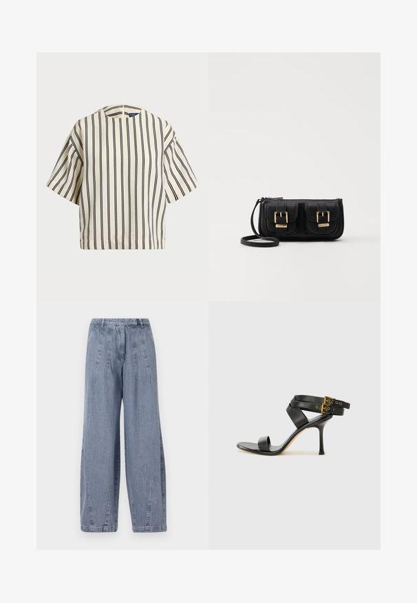 T-skjorte med korte ermer, stripet i kremfarge og marineblå, med rund hals og en boxy design i en strukturert stoff.; Lys blå denim vide bukser med en krøllet tekstur, der har en høj talje og lodrette sømdetaljer langs benene.; Svarte hælsandaler med kryssende stropper og justerbar spenne. Har en jevn tekstur og avsmalnende stilettoklakk.; Svart skinn crossbody veske med to frontlommer, gyldne spenner, glidelåslukking og en slank stropp. Teksturert overflate og kompakt rektangulær form.