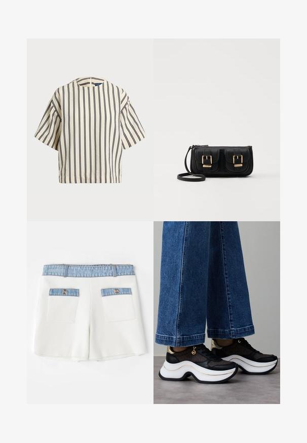 Short-sleeve, striped top in cream and navy, featuring a round neckline and boxy design with a textured fabric.; Maje IRSALA - Shorts - ecru; Black and gold sneakers with a curved white sole. Textured fabric with logo accents. Paired with wide blue denim pants.; Black leather crossbody bag with two front pockets, gold buckles, zipper closure, and a slim strap. Textured surface and compact rectangular shape.
