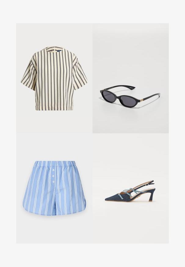 Rövid ujjú, csíkos felső krém és tengerészkék színben, kerek nyakkivágással és dobozos fazonnal, texturált anyagból.; Világoskék, pamut anyagból készült sort, függőleges fehér csíkkal, húzózsinórral ellátott derékkal és három elülső gombbal.; Farmer slingback cipő, hegyes orral, világoskék pántokkal, masnikkal, közepes sarkú, struktúrált anyagból, világosbarna talpbetéttel, minimális varrással, letisztult dizájnnal.; Fekete napszemüveg ovális lencsékkel, sötét áttetsző árnyalattal és karcsú karokkal, amelyek finom arany részleteket tartalmaznak. Sima műanyag felület.; Fekete bőrtáska ívelt formával, levehető pánttal és arany színű fémrészekkel. A táskán egy csattal díszített fedél található.
