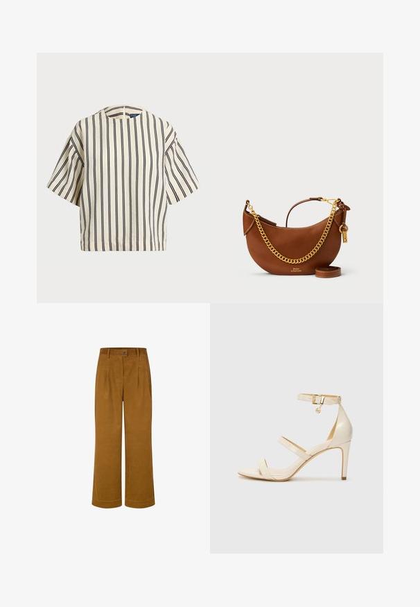Kortærmet, stribet top i creme og marineblå, med rund halsudskæring og boxy design i et tekstureret stof.; Bredde ben, højtaljede bukser i en varm brun nuance. Lavet af blødt stof med en tekstureret overflade, med frontfældninger og knaplukning.; Beige høje hæle sandaler med tynd ankelrem og to øvre remme. Glanset lakfinish og guld hardware detalje på ankelremmen.; Brun læderhandtaske med et buet design, guld kædestropp, indvendig lomme og en aftagelig skulderrem. Har kontrastsyning.