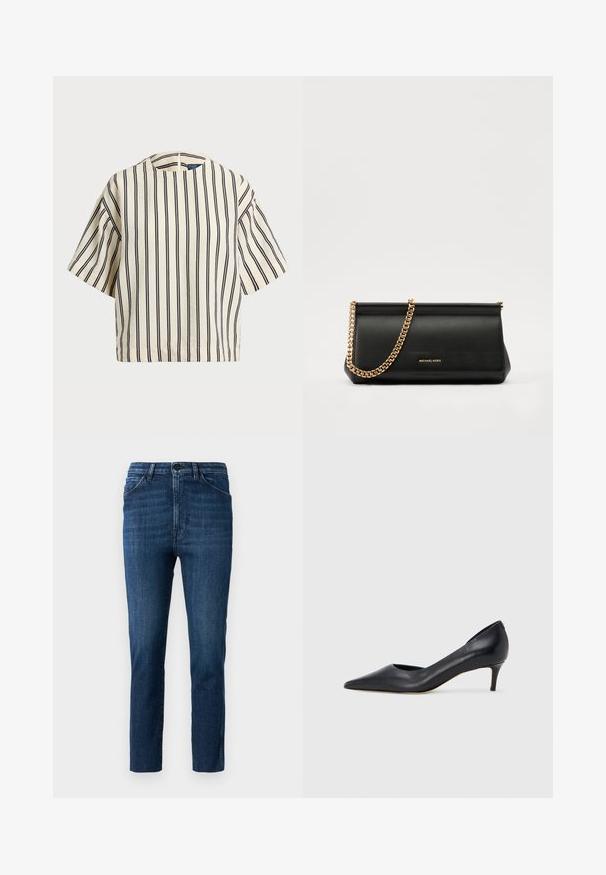 Kreemjas ja tumesinises triibuline lühikeste varrukatega top, millel on ümmargune kaelus ja kastmine disain, valmistatud tekstuurses kangas.; Sinised kitsad teksad klassikalise viie tasku kujundusega ja nööbiga kinnitamine, millel on peened kulumisjäljed ja sirge lõige.; Mustast nahast kontsakinga terava ninaga ja madala kontsaga. Omadused on sile pind ja peen läige. Esiosal on avatud lõige, mis lisab detaili.; Mustast nahast klamberkott kuldse kettrihmaga, millel on sile tekstuur, ristkülikuline kuju ja esiküljel reljeefne brändingu märk.