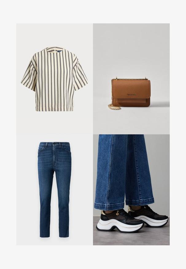 T-skjorte med korte ermer, stripet i kremfarge og marineblå, med rund hals og en boxy design i en strukturert stoff.; Blå slim-fit jeans med klassisk fem-lommers design og knaplukning, med diskrete falminger og ren lige benudskæring.; Svarte og gullfargede sneakers med buet hvit såle. Strukturert stoff med logodetaljer. Kombinert med vide blå denimbukser.; Brun teksturert lær crossover-veske med gullkjede-stropp og klaffelukking. Fronten har logo-detalj og en lomme under klaffen.