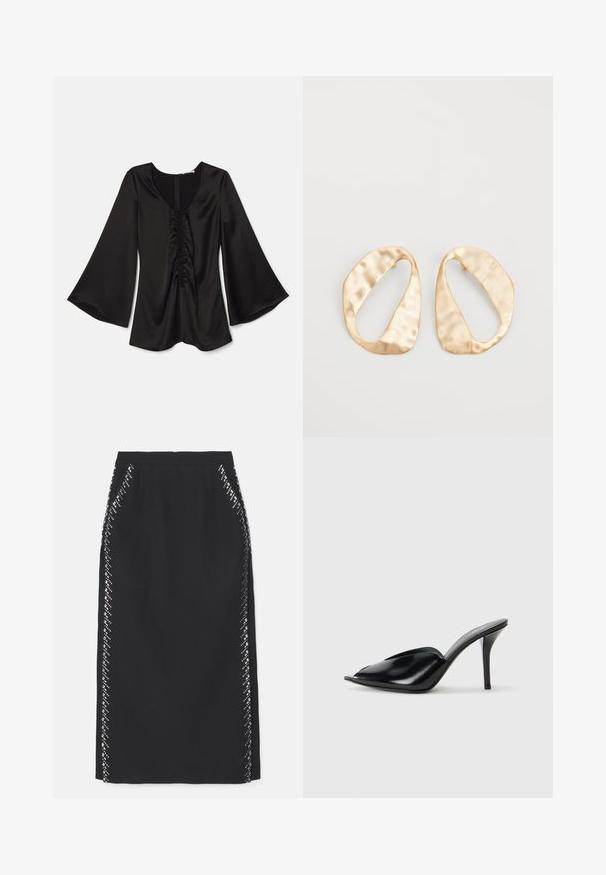 Čierna saténová blúzka s dlhými, rozšírenými rukávmi. Má hlboký výstrih a nariasenie po celej dĺžke stredu. Hladká textúra. Zapínanie na zips na chrbte.; Čierna sukňa na ceruzku s hladkým povrchom, s diamantovým vzorom odrazových ozdôb pozdĺž postranných švov. Strih prispôsobený na mieru.; Čierne kožené vysoké podpätky s otvorenou špičkou, špicatý dizajn, hladká textúra a štíhly stiletto podpätok.; Pár nepravidelných oválnych zlatistých kovových náušníc s textúrovaným, mierne rozbitým povrchom na bielom pozadí.