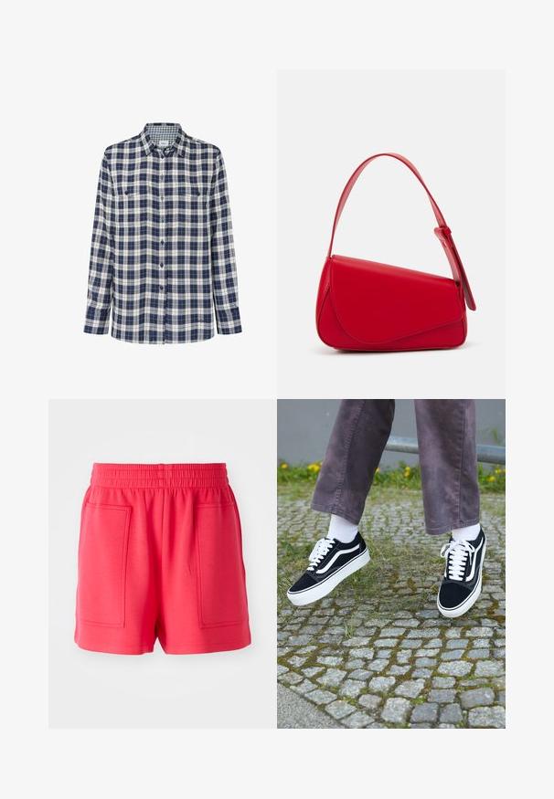 Raibspalvots flaneļa krekls tumši zila, balta un sarkana krāsā. Garas piedurknes, pogāta fronte, divas krūšu kabatas un diskrēta logo apakšmalā.; Sarkani sporta šorti, izgatavoti no viegla auduma, ar elastīgu jostu un divām lielām priekšējām kabatām. Gluda tekstūra, ceļu garuma griezums.; Melni zamšādas sporta apavi ar baltiem akcentiem, ar apaļu purngalu, biezu baltu zoli un klasisku šņorēšanas dizainu, uzvilkti ar baltām zeķēm un violetām biksēm.; Sarkans ādas rokassomi ar stūrainu, ģeometrisku dizainu. Iekļauj vienu regulējamu siksnu un vāku ar izšūtu detaļu.