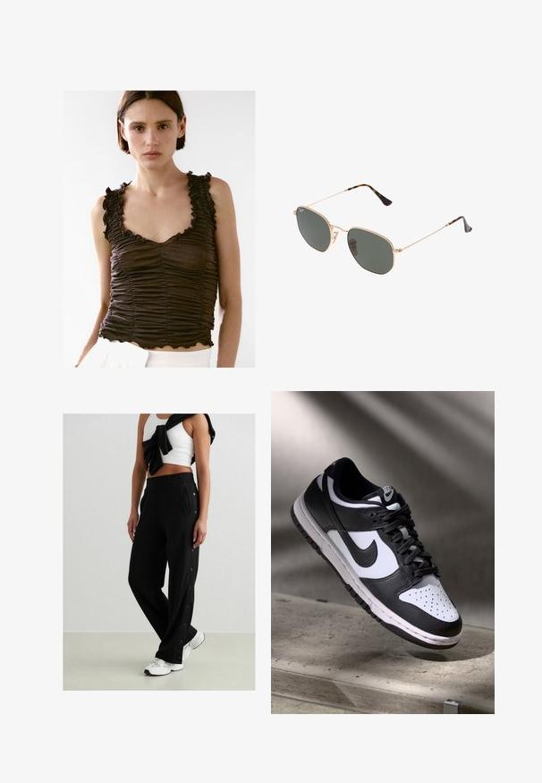 Top lungo marrone arricciato con bordi ondulati e spalline a righe, caratterizzato da un design aderente e da una texture morbida, indossato su pantaloni bianchi.; Pantaloni da jogging neri con bottoni a pressione laterali, vita elastica e due tasche laterali. Il tessuto appare morbido con una superficie liscia.; Sneaker Nike Dunk Low in bianco e nero con tomaia in pelle, punta perforata e lacci neri, caratterizzata da una suola bianca e dettagli del logo.; Occhiali da sole con montatura in metallo dorato e lenti verde scuro, stile aviator, con aste sottili e dettagli in tartaruga sulle punte.