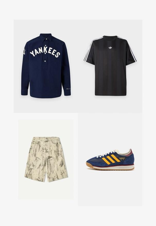 Námornícky dlhý rukáv tričko s vyšitým nápisom "YANKEES" na hrudníku v bielej farbe, má zapínaciu golier a rovný spodný lem.; Čierne tričko s krátkym rukávom a bielymi trojpruhmi na pleciach a malým bielym logom na hrudi. Hladká textúra látky.; Bežové šortky vyrobené z denimu s textúrovaným abstraktným šedým vzorom, s dvoma prednými vreckami a klasickým zapínaním na gombík.; Námorné semišové tenisky so žltými pruhmi, bielymi šnúrkami a vínovými akcentmi. Textúrovaná podrážka so zarezmi pre trakciu. Logo značky na boku.