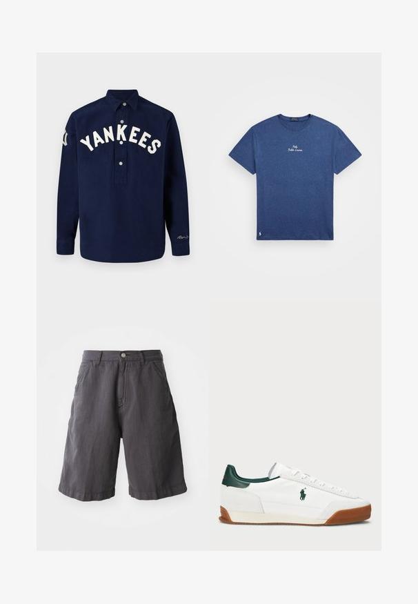 Marineblaue langärmelige Hemd mit dem aufgestickten Schriftzug "YANKEES" in Weiß über der Brust, ausgestattet mit einer Knopfleiste und geradem Saum.; Marineblaue Baumwoll-T-Shirt mit kurzen Ärmeln, Rundhalsausschnitt und "Polo Ralph Lauren" in Weiß auf der Brust gestickt. Kleines Logo am Saum.; Dunkelgraue Baumwollshorts mit lockerer Passform, ausgestattet mit einem Knopfverschluss, Gürtelschlaufen und Seitentaschen, gestaltet mit einem schlichten Saum.; Weiße Sneaker mit grünen Lederakzenten und einer braunen Gummisohle. Hat einen Stoffkörper und ein auffälliges Logo an der Seite. Schnürungsdesign.