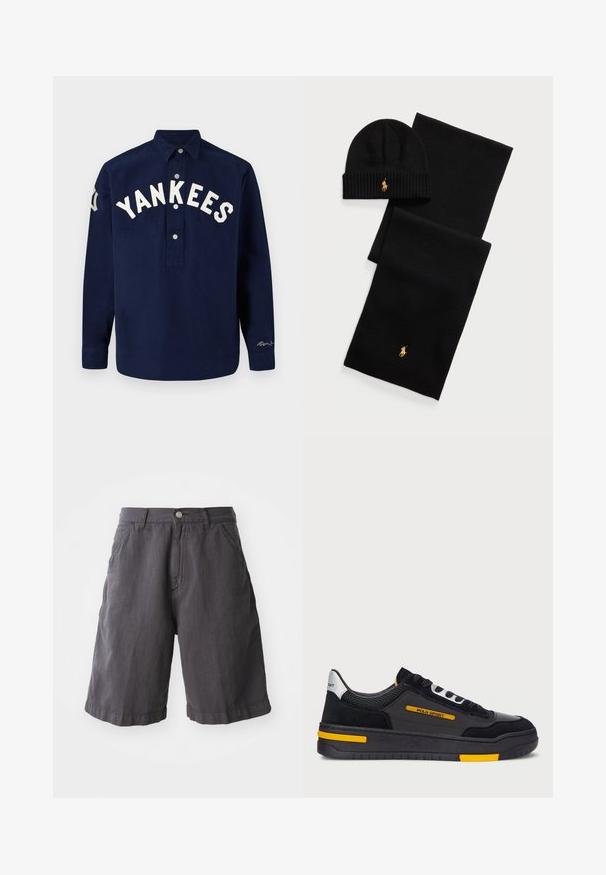 Tumesinine pikakäised särk, millel on rinnas valge tikandiga "YANKEES", varustatud nööbiluku ja sirge äärisega.; Tumedat hallid puuvillased lühikesed püksid, mis on lõdva lõikega, varustatud nööbiga sulgemise, vöörihmade ja küljetaskutega, lihtsa äärisega disain.; Mustad mustad tossud, millel on sametist ja võrgusilmast pealispind, kollased aktsendid ja paks must tall. Kinnitatav paeltega ning külgedel on "POLO SPORT" brändimine.; Must must beanie ja sallikomplekt. Omab soonikkudet ja kuldseid logosid. Pehme kangas, elegantne disain, sobib külma ilma jaoks.