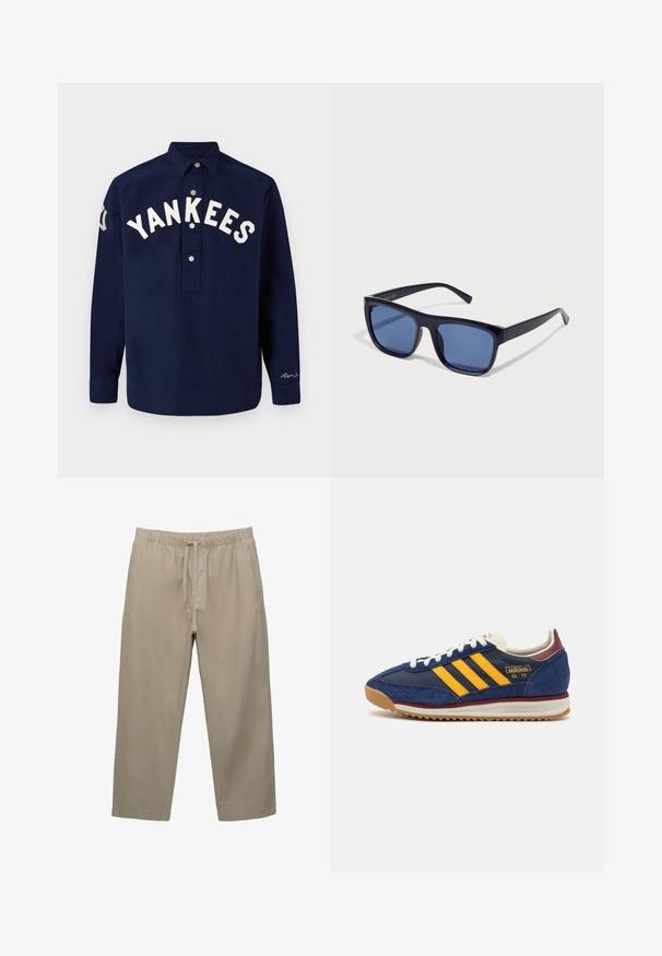 Marineblauw langemouwen shirt met "YANKEES" in het wit geborduurd over de borst, voorzien van een overhemdkraag met knopen en een rechte zoom.; Beige katoenen broek met een elastische tailleband en een verstelbaarkoord. Rechte pijpen ontwerp met zijzakken en een gladde textuur.; Marine blauwe suède sneaker met gele strepen, witte veters en bordeauxrode accenten. Textuurzool met groeven voor grip. Merksymbool aan de zijkant.; Zwarte plastic zonnebril met rechthoekige monturen, blauwgetinte lenzen en slanke zijkanten, met een glanzende afwerking.