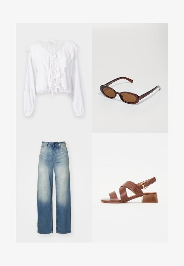 White, long-sleeve blouse with ruffled neckline and back tie. Features textured fabric and cropped design with a relaxed fit.; Light blue wide-leg jeans with a high waist, made from denim, featuring a faded gradient, five pockets, and metal hardware accents.; Brown leather heeled sandals featuring a cross-strap design and a buckle closure, with a block heel and a smooth, textured finish.; Round, brown-tinted sunglasses with a glossy burgundy frame. Slim arms with subtle branding detail. Flat lens design.