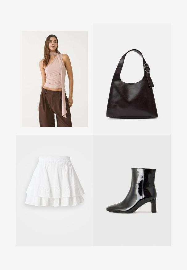 Asymetrický ružový top s riasenou textúrou, so zdĺhavým detailom šatky. V kombinácii s hnedými širokými nohavicami. Mäkká tkanina, minimalistický dizajn.; Biela sukňa v stupňoch vyrobená z ľahkého materiálu s výšivkou a volánkovým lemom. Obsahuje elastický pás pre pohodlie.; Čierne lakované členkové topánky s špicatou špičkou a stredne vysokým blokovým podpätkom. Hladká textúra a minimalistický dizajn.; Hnedá kožená taška cez rameno s hladkým povrchom, zaobleným tvarom, širokým popruhom a kruhovým kovovým akcentom na rúčke.