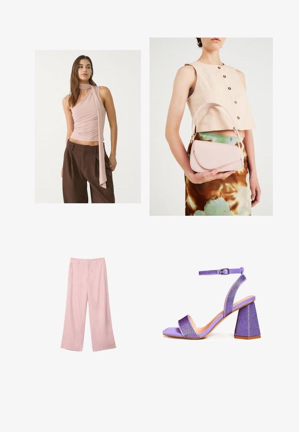 Asymmetrisches rosa Oberteil mit geraffter Textur, das ein langes Schal-Detail aufweist. Kombiniert mit braunen weit geschnittenen Hosen. Weicher Stoff, minimalistisches Design.; Helle rosa, weit geschnittene Hosen aus glattem Stoff. Mit einem strukturierten Bund und geraden, fließenden Beinen, ohne sichtbare Muster oder Beschläge.; Lila High-Heelsandalen mit strukturiertem, quadratischem Zehenbereich, verziert mit Strasssteinen und ausgestattet mit einem Riemen am Knöchel mit Schnalle sowie einem geometrischen Absatz.; Rosa Lederhandtasche mit gewölbtem Deckel, einem Schulterriemen und klaren Linien. Die Tasche zeigt eine glatte Textur und ein minimalistisches Design.
