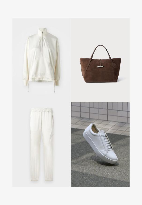 Helle Creme Quarter-Zip-Pullover mit einer Fronttasche, Zugband am Saum und besticktem Logo in passender Farbe auf der Brust. Weicher Stoff.; Helle Creme Jogginghosen mit elastischem Bund, schmal zulaufenden Bündchen, Seitentaschen und Reißverschlussakzenten. Glatte, leicht glänzende Stoffoberfläche.; Weiße Leder-Sneaker mit runder Spitze, flacher Sohle und sechs Paar Ösen. Glatte Textur und minimalistisches Design mit Nähdetails.; Braune Wildleder-Tote mit zwei weichen Griffen, einem vertikalen Riemen mit silbernem Akzent und einem weiten, offenen oberen Bereich. Glatte Textur, minimalistisches Design.