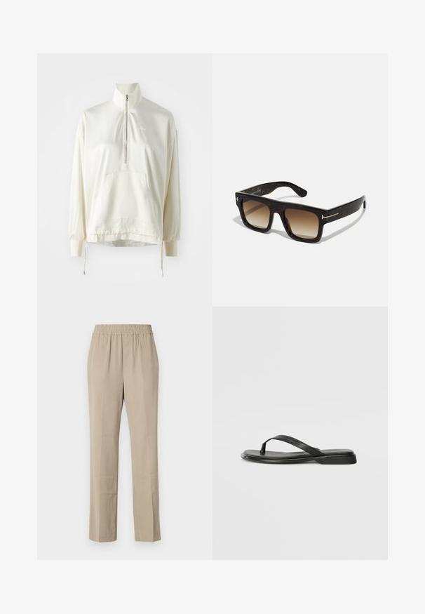 Polaire crème clair à fermeture éclair quart de zip avec une poche avant, un ourlet à cordon de serrage et un logo brodé de couleur assortie sur la poitrine. Texture de tissu douce.; Pantalons beige légers avec une taille élastique, coupe droite, texture douce et plis subtils. Pas de poches visibles.; Tongs noires en cuir lisse, avec un design de sangle fine et une semelle plate à profil minimal. Aucun motif ou accent notables.; Lunettes de soleil en écaille de tortue avec une monture carrée, des verres bruns dégradés et de subtile accents dorés sur les branches.; Sac fourre-tout en suede marron avec deux poignées douces, une bandoulière verticale avec un accent argenté et un large dessus ouvert. Texture lisse, design minimaliste.