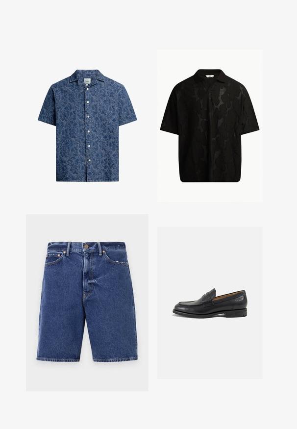 Chemise à manches courtes en tissu texturé bleu foncé avec un motif subtil et un col classique. Présente des boutons blancs sur le devant.; Polo noir à manches courtes avec un motif abstrait texturé. Le col est plat et légèrement ouvert, ce qui renforce le design décontracté.; Shorts en denim bleu foncé au style classique, dotés d'une fermeture à bouton, de cinq poches et de coutures orange contrastantes.; Mocassins en cuir noir avec une finition lisse, bout rond et coutures décoratives sur la tige. Talon bas empilé et léger brillant.