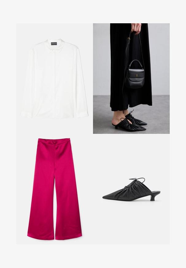 Bílá dlouhá košile s dlouhým rukávem vyrobená z hladké tkaniny, s klasickým límcem, knoflíkovou přední částí a jednoduchými manžetami, s čistým, minimalistickým designem.; By Malene Birger LUCEE - Kalhoty - wild berries; Černé kožené slip-on mule s špičatou špicí, shromážděnou texturou a malým podpatkem. Vlastnosti zahrnují stahovací detail na otvoru.; Malá černá kožená kabelka s zaobleným tvarem, horním madlem a odnímatelným popruhem. Nositelná s černými látkovými šaty a černými plisovanými botami.