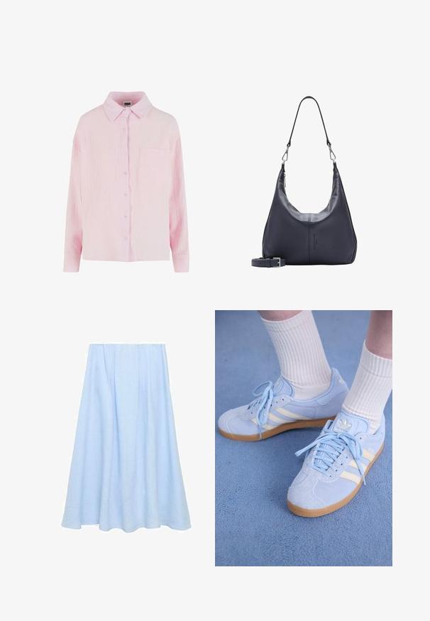 Lichtroze overhemdd met een gestructureerde, gekreukte stof, met kraag, lange mouwen en een enkele borstzak.; Een lichtblauwe, knie-lange A-lijn rok van linnen, met plooien en een gladde textuur zonder patronen of versieringen.; Lichtblauwe suède sneakers met witte strepen, platte veters en een gumrubberen zool. Geribbelde witte sokken worden boven de enkel gedragen.; Donkerblauwe leren schoudertas met afneembare schouderband, zilveren sluitingen en subtiele verticale logo-detalering in het midden vooraan.