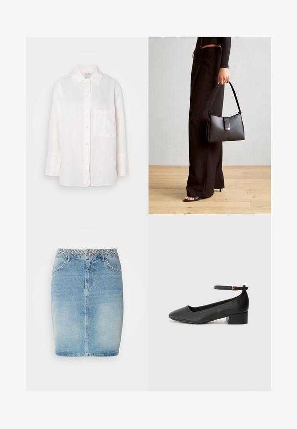 White, long-sleeve linen shirt with a button-down collar. Features a front pocket and a relaxed, slightly oversized fit. Textured fabric.; Light blue denim skirt with a fitted design, featuring a decorative patterned waistband, front pockets, and slight fading for added texture.; Black leather pump with a pointed toe and a low block heel. Features an ankle strap with a gold-tone buckle. Smooth texture.; Black handbag with structured shape, smooth texture, and a metallic clasp. Paired with wide black pants and open-toe sandals on wooden floor.