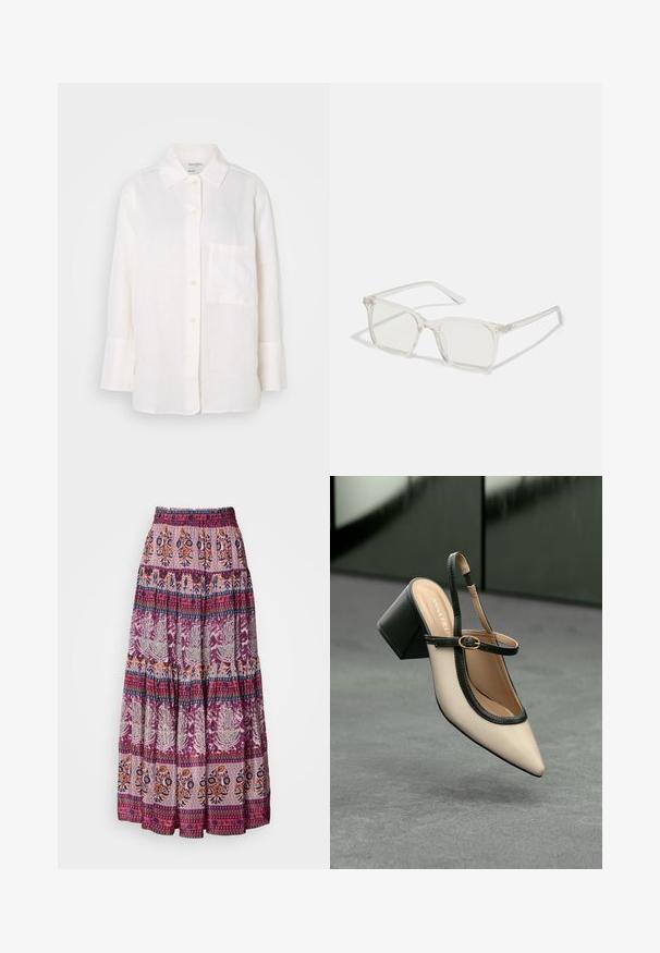 Λευκό, πουκάμισο από λινό ύφασμα με μακριά μανίκια και κολάρο με κουμπιά. Διαθέτει μπροστινή τσέπη και άνετη, ελαφρώς oversized εφαρμογή. Υφή υφάσματος.; Μακριά, φαρδιά φούστα φτιαγμένη από ελαφρύ ύφασμα σε αποχρώσεις μωβ και πορτοκαλί, με περίπλοκα λουλουδάτα και γεωμετρικά μοτίβα σε όλη την επιφάνεια.; Μπέζ παπούτσι slingback με尖 ρεύμα και μαύρη διακοσμητική λεπτομέρεια, χρυσό κούμπωμα και χοντρό τακούνι σε γκρι δάπεδο με σκούρο πράσινο φόντο.; Διάφανα πλαστικά γυαλιά με τετράγωνους σκελετούς και διαφανείς φακούς, με χρυσές λεπτομέρειες στους βραχίονες για επιπλέον στυλ.