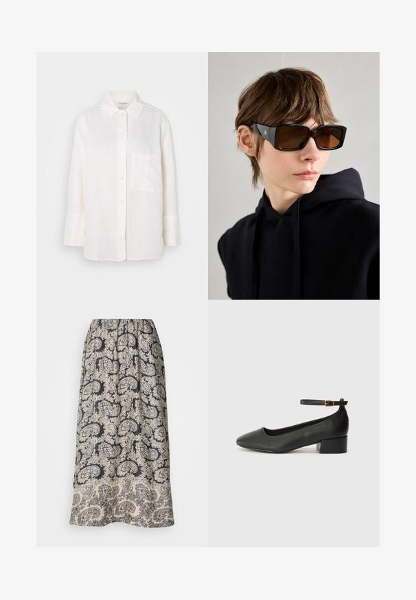 Cămașă albă din in, cu mânecă lungă și guler cu nasturi. Are un buzunar frontal și o croială relaxată, ușor supradimensionată. Material texturat.; Fustă fluidă, cu talie elastică, având o bază albastru închis cu modele elaborate în bej paisley și accente florale. Material moale cu o textură netedă.; Pantof cu toc negru din piele, cu vârf ascuțit și toc mic pătrat. Dispune de o curea la gleznă cu o cataramă în tonuri de aur. Textură netedă.; Ochelari de soare negri, supradimensionați, cu un finisaj lucios, formă rectangulară, lentile de culoare brună și detalii în aur pe temple.
