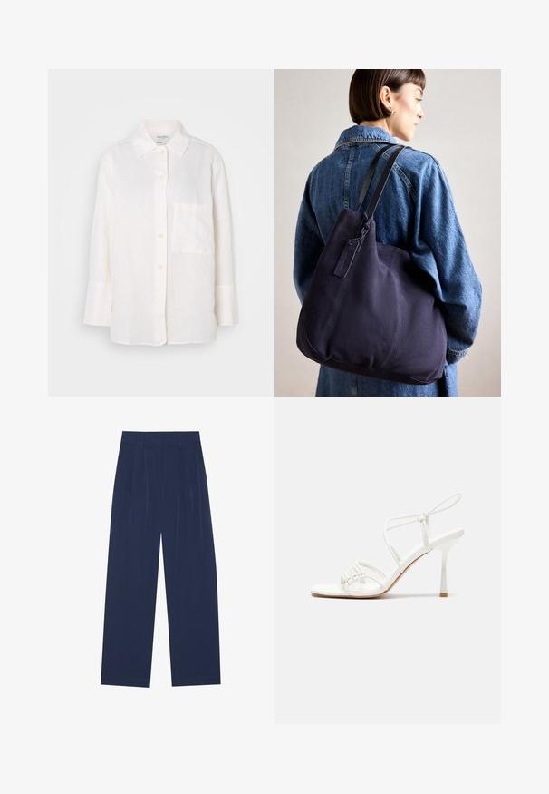 Camicia bianca in lino a maniche lunghe con colletto button-down. Presenta una tasca frontale e una vestibilità rilassata, leggermente over-size. Tessuto texturizzato.; Pantaloni a gamba larga blu navy realizzati in tessuto morbido, dotati di pieghe frontali, una texture liscia e una vestibilità dritta senza tasche visibili.; Sandalo alto con tacco bianco a strisce, con una base piatta per le dita, un frontale testurizzato con dettagli arricciati e una sottile cinghia alla caviglia.; Borsa a spalla in tela blu navy con una forma morbida e strutturata, dotata di una tracolla nera, dettagli cuciti e una piccola etichetta del marchio.