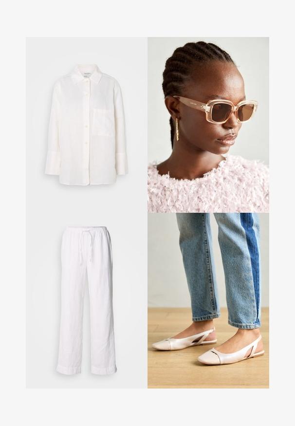 Valge, pika varrukaga linane särk, millel on nööpidega krae. Esiküljel on tasku ja see on lõdva, veidi ülepaisutatud istuvusega. Tekstuuriga kangas.; Valged linased püksid lõdva istuvusega, elastse vöökoha ja nööriga. Peavad sirgetele jalgadele ja rullitud servadele, et saavutada lõdvestunud välimus.; Kahvatu roosa slingback lapikute jalatsite paar, millel on terav varvas, valmistatud siledast nahataolisest materjalist. Omab külgedel lõikekohti ja lapikut kontsa.; Bežid suured prillid, millel on läbipaistev raam ja pruuni tooni läätsed, millel on peened lillemustrid ja julge geomeetriline disain.