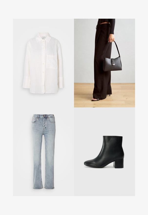 Λευκό, πουκάμισο από λινό ύφασμα με μακριά μανίκια και κολάρο με κουμπιά. Διαθέτει μπροστινή τσέπη και άνετη, ελαφρώς oversized εφαρμογή. Υφή υφάσματος.; Ανοιχτού μπλε τζιν παντελόνι με ψηλή μέση, σχεδίαση ίσιου ποδιού και ελαφριά καμπάνα στο τελείωμα. Διαθέτει διακοσμητικές ραφές και φερμουάρ.; Μαύρες δερμάτινες μπότες αστράγαλου με μυτερή μύτη και χοντρό τακούνι. Λείο υλικό με ελάχιστες λεπτομέρειες και κομψό, εφαρμοστό σχέδιο.; Μαύρη τσάντα χειρός με δομημένο σχήμα, λεία υφή και μεταλλικό κούμπωμα. Συνδυασμένη με φαρδιά μαύρα παντελόνια και σανδάλια ανοιχτής μύτης πάνω σε ξύλινο πάτωμα.