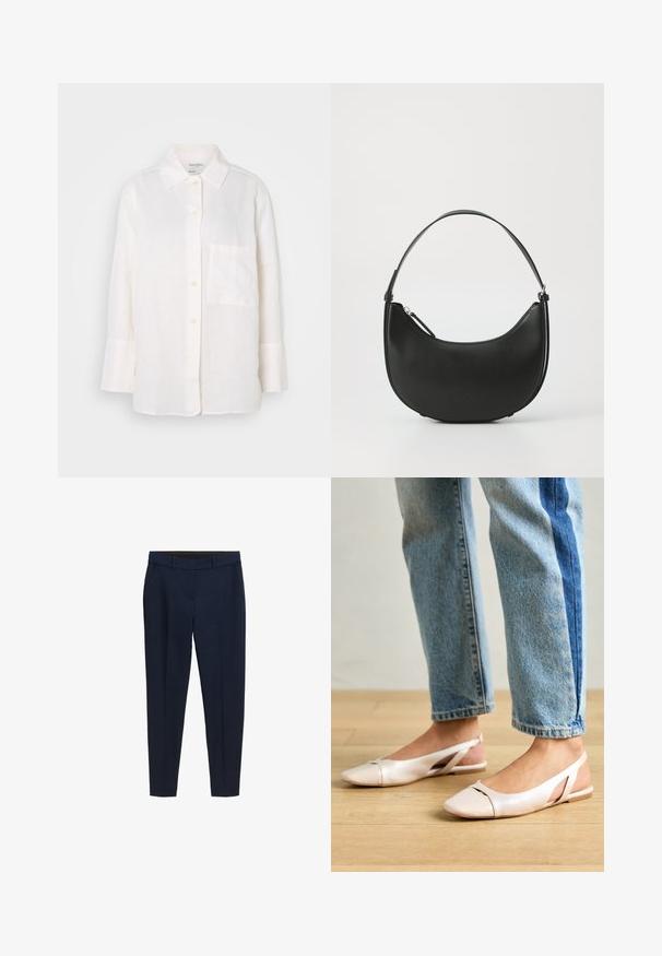 Balts, garām piedurknēm lina krekls ar pogām uz apkakles. Iekļauj priekšnējās kabatas un brīvu, nedaudz pārspīlētu siluetu. Strukturēts audums.; Lodīci zilo uzvalka bikses ar jostas cilpiņām, sānu kabatām un priekšējo iezīmējumu, paredzētas šaurai piegrieztei.; Bālti rozā siksniņu dzīvokļi ar smailu purngalu, izgatavoti no gludas ādas līdzīgās materiāla. Iezīmē izgriezumu detaļas sānos un platu papēdi.; Melna ādas plecu soma ar izliekta formu, šauru rokturi un rāvējslēdzēja aizdari. Izceļas ar gludu tekstūru un niansētu logo detaļu.