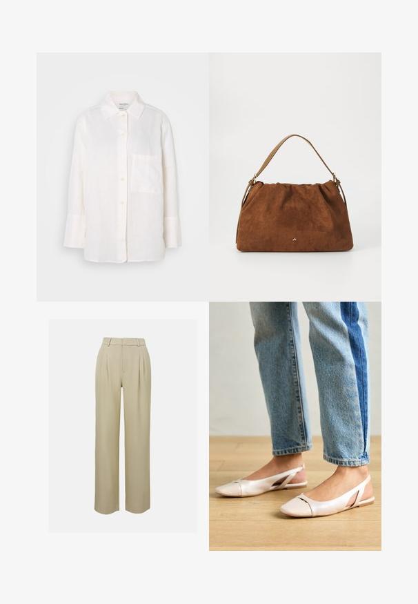 Hvit, langermet lin-skjorte med knapp-down krage. Har en frontlomme og en avslappet, litt oversized passform. Struktureret stoff.; Beige videbukser laget av glatt stoff, med frontbrett, skreddersydd midjebånd og sidelommer. Ren kantfinish.; Lys rosa slingback leiligheter med spiss tå, laget av et glatt, læraktig materiale. Har utskjæringer på sidene og lav hæl.; Brun semsket håndveske med en samlet design, som har en enkelt tan lærrem og en subtil gull logo detalj på forsiden.