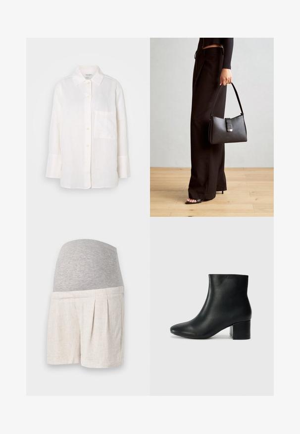 Balts, garām piedurknēm lina krekls ar pogām uz apkakles. Iekļauj priekšnējās kabatas un brīvu, nedaudz pārspīlētu siluetu. Strukturēts audums.; Mātes šorti gaisā bežā lina audumā, ar pelēku elastīgu jostasvietu un šķērsgriezuma detalizāciju komfortam un elastībai.; Melna ādas potīšu zābaki ar smailu purngalu un masīlu papēdi. Gluda tekstūra ar minimāliem akcentiem un gludu, pieguļošu dizainu.; Melnā somiņa ar strukturētu formu, gludu tekstūru un metālu sprādzi. Saskaņota ar platām melnām biksēm un sandālēm ar atvērtu purngalu uz koka grīdas.