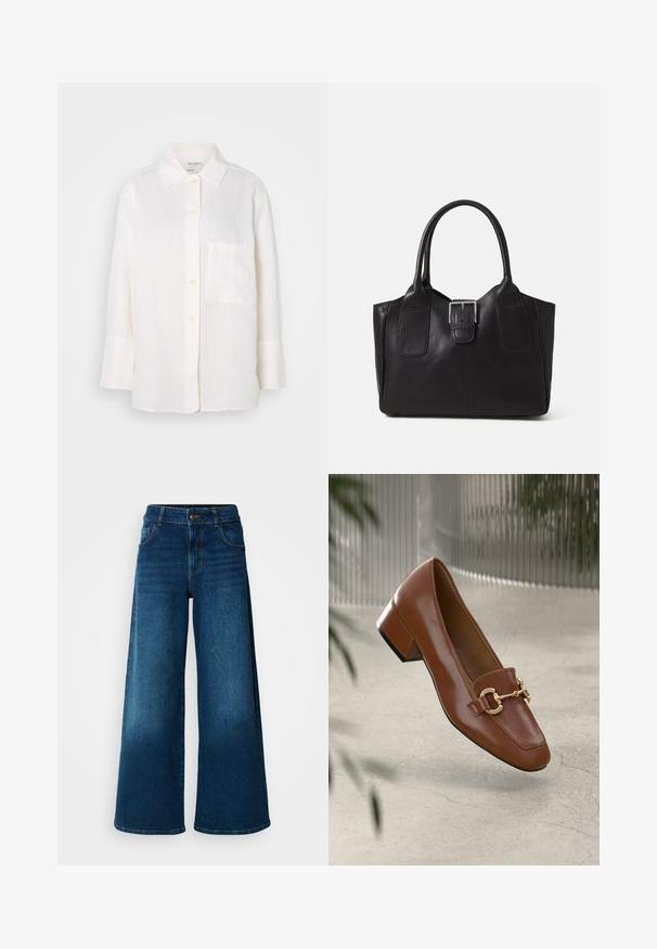 Fehér, hosszú ujjú vászon ing, gombos gallérral. Elöl egy zseb található, valamint laza, enyhén oversized fazonú. Textúrált anyag.; Sötétkék denim anyagból készült bőszárú farmernadrág. Magas dereka van, gombos záródással, valamint klasszikus, öt zsebes dizájnnal rendelkezik, enyhe kopással.; Barna lakkbőr loaferek négyzet alakú orral, fém lánc díszítéssel és alacsony blokk sarkú kialakítással; sima textúra, minimalista design.; Fekete bőr bevásárlótáska sima textúrával, strukturált formával, két fogantyúval és egy figyelemfelkeltő ezüst csattal az elején.