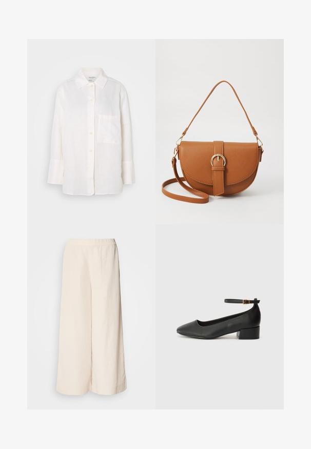 Biela, ľahká ľanová košeľa s dlhým rukávom a golierom na zapínanie. Má predné vrecko a uvoľnený, mierne nadmerný strih. Textúrovaná tkanina.; Krémové nohavice s širokými nohavicami a elastickým pásom, s uvoľneným strihom a hladkou textúrou, vhodné na každodenné nosenie.; Čierne kožené lodičky s špicatou špičkou a nízkym blokovým podpätkom. Obsahuje remienok okolo členka so zlatým prackou. Hladký povrch.; Hnedá kožená kabelka cez telo s zakriveným tvarom, zlatými kovovými doplnkami a akcentom s prackou. Obsahuje odnímateľný ramenný popruh.