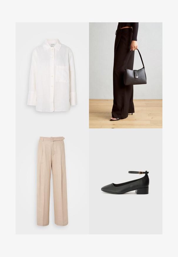 Balts, garām piedurknēm lina krekls ar pogām uz apkakles. Iekļauj priekšnējās kabatas un brīvu, nedaudz pārspīlētu siluetu. Strukturēts audums.; Bežīgas platās bikses ar vertikālām svītrām, ar augstu jostas vietu, priekšējām krokām un saderīgu jostu. Gluda tekstūra, minimālistisks dizains.; Melnas ādas sūkņi ar smailu purngalu un zemu bloku papēdi. Iezīmēts ar potītes siksniņu ar zelta krāsas sprādzi. Gluda tekstūra.; Melnā somiņa ar strukturētu formu, gludu tekstūru un metālu sprādzi. Saskaņota ar platām melnām biksēm un sandālēm ar atvērtu purngalu uz koka grīdas.