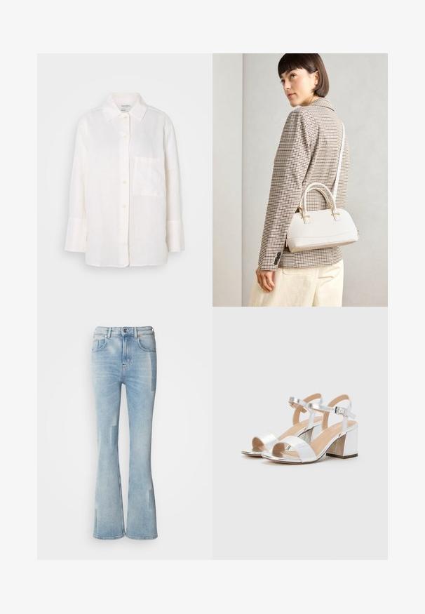 Hvit, langermet lin-skjorte med knapp-down krage. Har en frontlomme og en avslappet, litt oversized passform. Struktureret stoff.; Scotch & Soda THE GLOW - Jeans bootcut - art from the heart; Sølv høyhælte sandaler med åpne tær, med to brede reimer og en rund blokkhelt. Glatt tekstur med metallisk finish.; Hvit strukturert håndveske med korte håndtak og skulderreim, med detaljer i gullfinish og teksturert materiale, vist mot en grå bakgrunn.