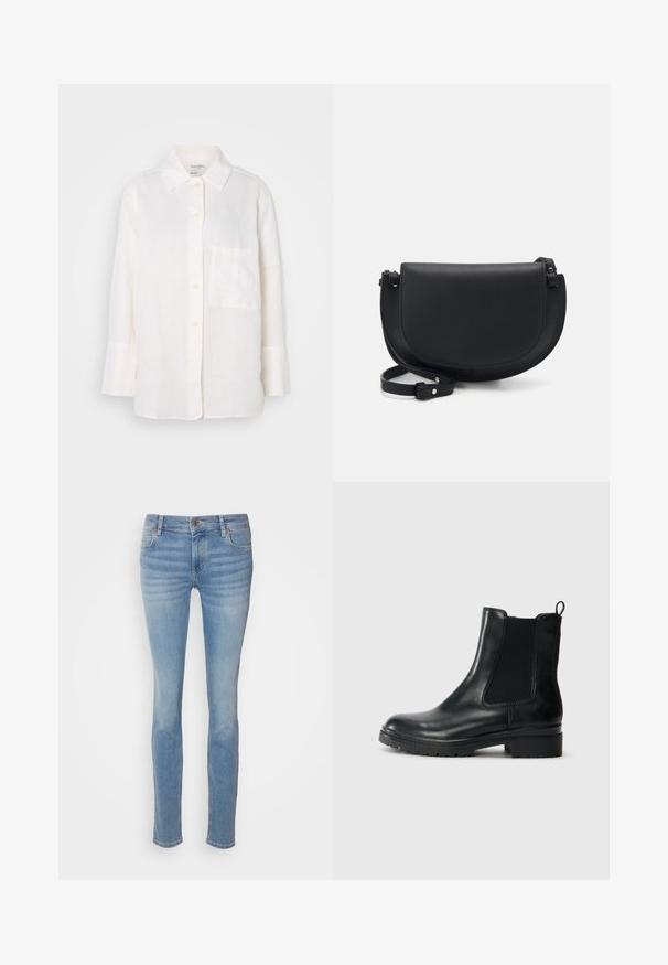 Balta, ilga rankovė liemenė su mygtukų apykakle. Turi priekinę kišenę ir laisvą, šiek tiek per didelį siluetą. Tekstūruotas audinys.; Šviesiai mėlynos liesos džinsinės kelnės, pagamintos iš džinsinio audinio, su klasikiniu penkių kišenių dizainu, vidutinio aukščio juosmeniu ir švelniu išblukimu palei kojas.; Tamaris Klasikiniai aulinukai - black glam; Juodas odinis kryžminis krepšys su kreivine forma, magnetine užsegimu, reguliuojama petneša ir iškilmingu logotipo elementu priekyje.