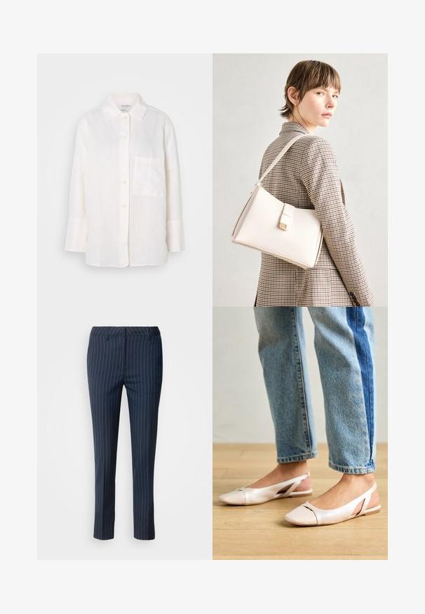 Hvit, langermet lin-skjorte med knapp-down krage. Har en frontlomme og en avslappet, litt oversized passform. Struktureret stoff.; Marineblå pinstripede bukser laget av vevd stoff, med en skreddersydd passform, rett ben-design og frontlommer med en jevn tekstur.; Lys rosa slingback leiligheter med spiss tå, laget av et glatt, læraktig materiale. Har utskjæringer på sidene og lav hæl.; Hvit lær veske med en strukturert design, med magnetlås og skulderstropp, vist mot en nøytral bakgrunn.