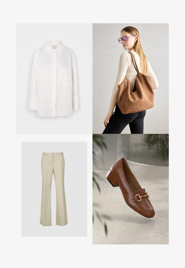 Fehér, hosszú ujjú vászon ing, gombos gallérral. Elöl egy zseb található, valamint laza, enyhén oversized fazonú. Textúrált anyag.; Sima anyagú, bézs színű, harang szabású nadrág, közepes derékkal, varrási részletekkel és látható fémrészek vagy minták nélkül.; Barna lakkbőr loaferek négyzet alakú orral, fém lánc díszítéssel és alacsony blokk sarkú kialakítással; sima textúra, minimalista design.; Barna velúr vászontáska puha textúrával, nagy nyílással és hosszú pántokkal. Egyszerű dizájnnal rendelkezik, látható varrással és nincs rajta fém alkatrész.