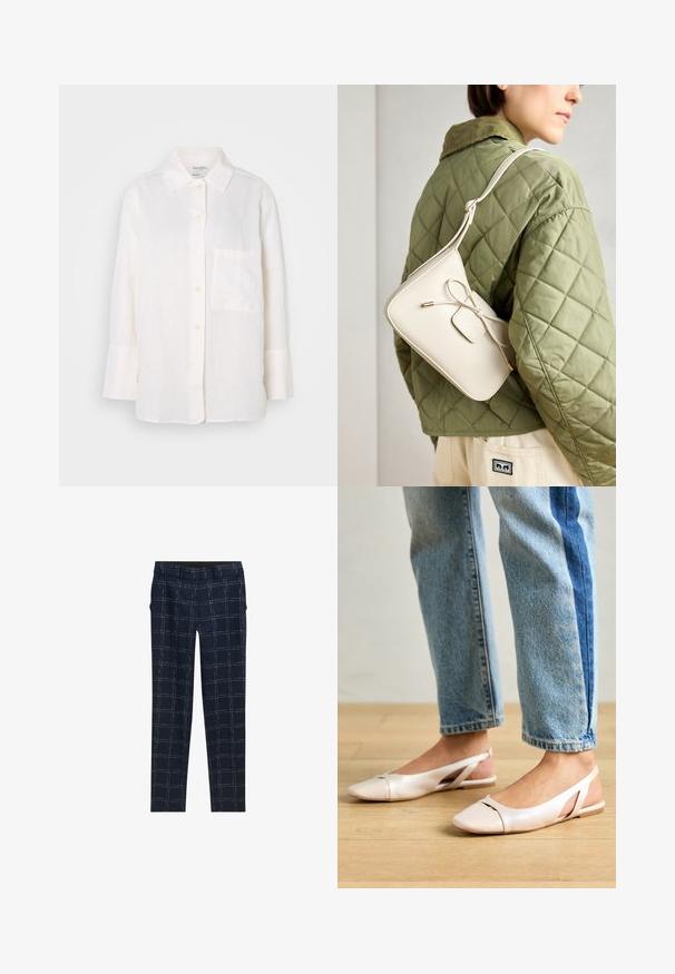 Fehér, hosszú ujjú vászon ing, gombos gallérral. Elöl egy zseb található, valamint laza, enyhén oversized fazonú. Textúrált anyag.; Sötétkék, slim-fit nadrág fehér ablakrács mintával, övgyűrűkkel és oldalsó zsebekkel, síkban elhelyezve egy fehér háttéren.; Világos rózsaszín slingback laposlábú cipők, hegyes orral, sima bőrhatású anyagból készült. Oldalt kivágott részletek találhatók rajta, valamint lapos sarkú.; Beige színű bőr keresztpántos táska masni részlettel, arany színű fém kiegészítőkkel és egy állítható pánttal, zöld steppelt dzsekin viselve.