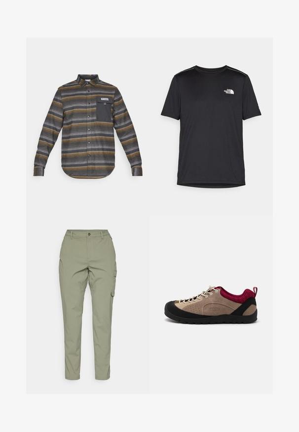 Röstripline nööpidega särk, mis sisaldab halli, kuldset ja musta värvi. Särgil on rinna tasku koos logoga ja reguleeritavad mansetid.; Must mustaöödiga must T-särk, mis on valmistatud kerge riidekanga. Esiküljel on vasakul rinnal väike valge logo ning õlgadel on peened aktsendid.; Heledad oliivrohelised cargo-püksid otse sääre disainiga, ees nupuga lukustus ja küljetaskud funktsionaalsuse jaoks. Sile ja vastupidav kanga.; Beeziga beeziga suède ülemise osaga, musta kummitald ja roosa võrgust detailidega, hallide paeltega. Omab perforatsioone hingavuse tagamiseks ja tõmbe aasa.