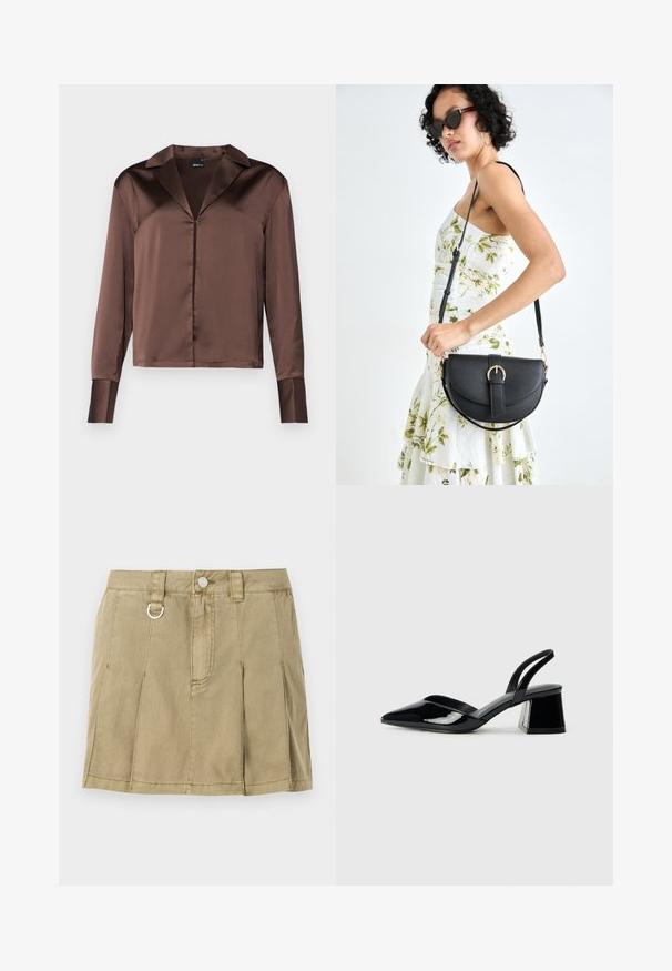 Bluză lungă din satin maro cu mâneci lungi, guler ascuțit, închidere frontală cu nasturi și manșete structurale, având o textură netedă și lucioasă.; Fustă din denim de culoare verde măsliniu deschis, cu patru pliuuri ascuțite, închidere cu buton în față și un accent din metal sub formă de buclă pe talie.; Pantofi cu toc slingback din piele lacuită neagră, cu vârf ascuțit și toc geometric. Prezintă un design elegant, minimalist și o textură netedă.; Geantă din piele neagră, cu o formă curbată, curea detașabilă și accesorii aurii. Geanta are un capac cu un detaliu tip cataramă.